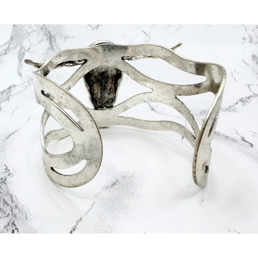 Silver Tone Longhorn Bull Skull Turquoise Open Cuff Bracelet 8 Inch